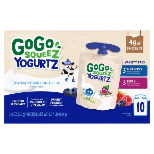 GoGo Squeez  YogurtZ Variety Pack, Blueberry/Berry, Snack on the Go, 3 oz (Pack of 10 pouches)