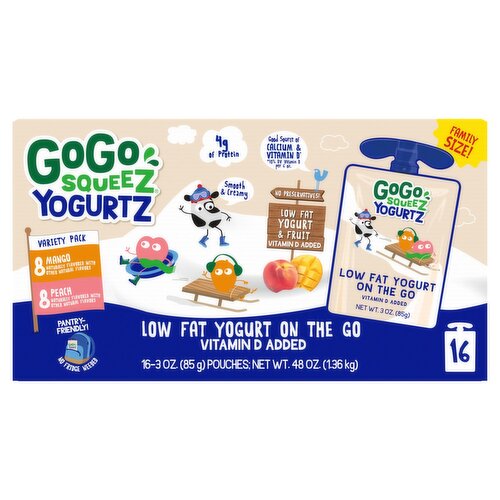 GoGo Squeez  YogurtZ Variety Pack, Mango/Peach, Snack on the Go, 3 oz (Pack of 16 pouches)