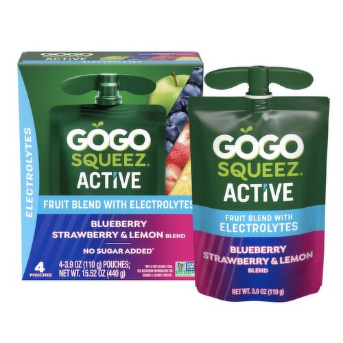 Gogo Squeez Active Blueberry, Strawberry & Lemon Fruit Blend with Electrolytes, 3.9 oz, 4 count
