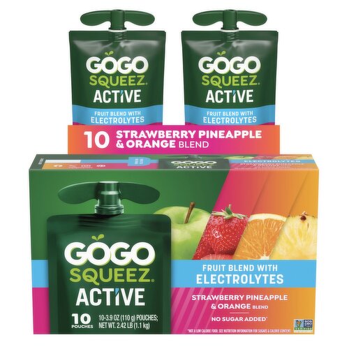 GoGo Squeez Active Strawberry, Pineapple & Orange Fruit Blend with Electrolytes, 3.9 oz, 10 count