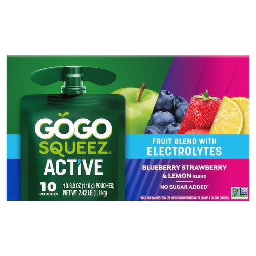 GoGo Squeez Active Blueberry, Strawberry & Lemon Fruit Blend with Electrolytes, 3.9 oz, 10 count