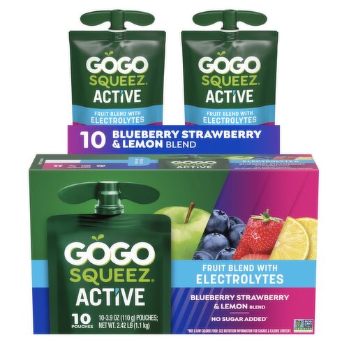 GoGo Squeez Active Blueberry, Strawberry & Lemon Fruit Blend with Electrolytes, 3.9 oz, 10 count