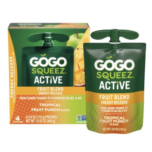 GoGo Squeez Active Energy Release Tropical Fruit Punch Fruit Blend, 3.9 oz, 4 count