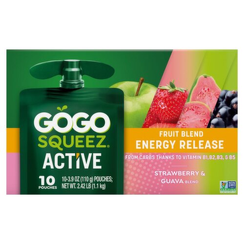 GoGo Squeez Active Energy Release Strawberry & Guava Fruit Blend, 3.9 oz, 10 count