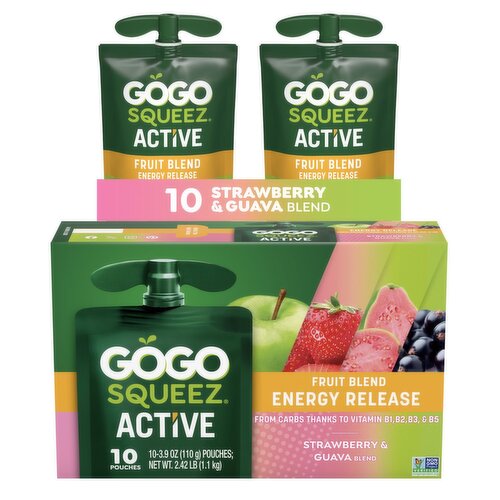 GoGo Squeez Active Energy Release Strawberry & Guava Fruit Blend, 3.9 oz, 10 count