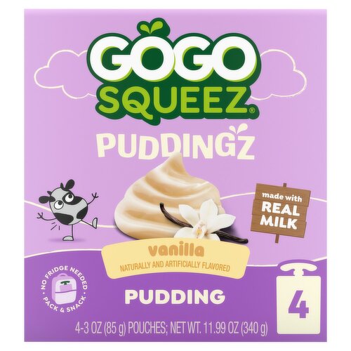 GoGo squeeZ PuddingZ On-the-Go Vanilla Pudding Snack Pouches, 3 oz (4 Pack)