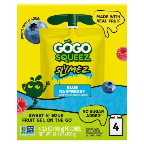 GoGo squeeZ No Sugar Added Blue Raspberry SlymeZ Fruit Gel On The Go, 3.5 oz (4 Pack)