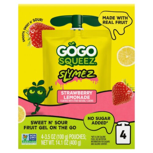 GoGo squeeZ No Sugar Added Strawberry Lemonade SlymeZ Fruit Gel On The Go, 3.5 oz (4 Pack)