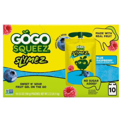 GoGo squeeZ No Sugar Added Blue Raspberry SlymeZ Fruit Gel On The Go, 3.5 oz (10 Pack)