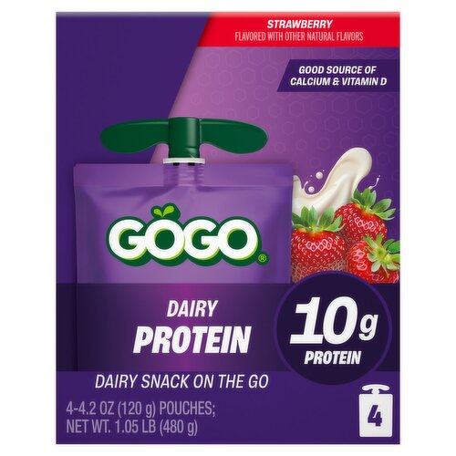GOGO 10g Protein Strawberry Dairy Snack On The Go Pouches , 4.2 oz (4 Pack)
