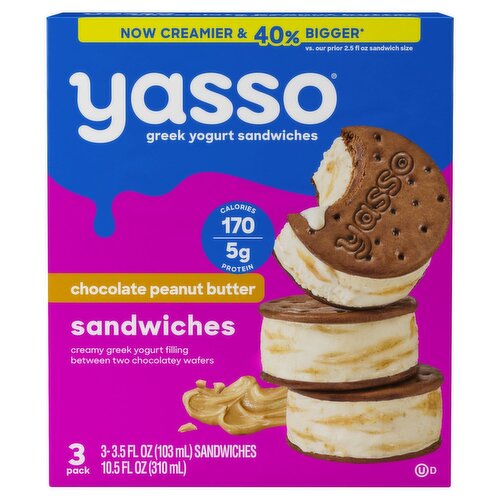 Yasso Greek Yogurt Chocolate Peanut Butter Sandwiches, 3.5 oz, 3 count