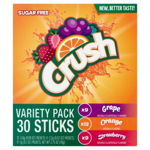 Crush Sugar Free Grape Orange Strawberry On the Go Drink Mix Variety Pack, 30 count, 2.75 oz