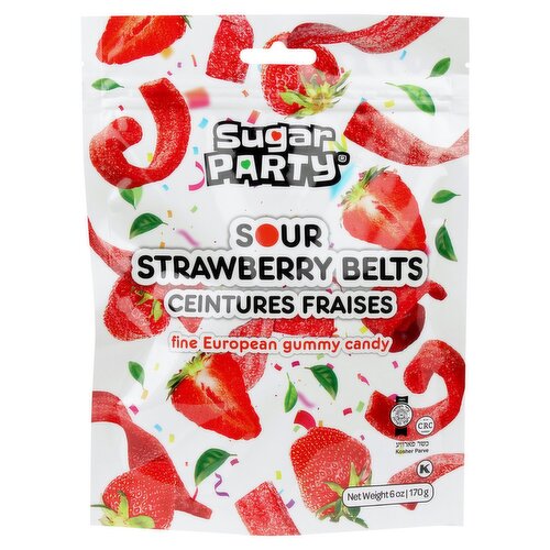 Sugar Party Sour Strawberry Belts Fine European Gummy Candy, 6 oz
