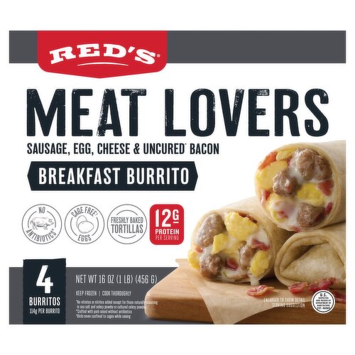 Red's Meat Lovers Sausage, Egg, Cheese & Uncured Bacon Breakfast Burrito, 4 count, 16 oz