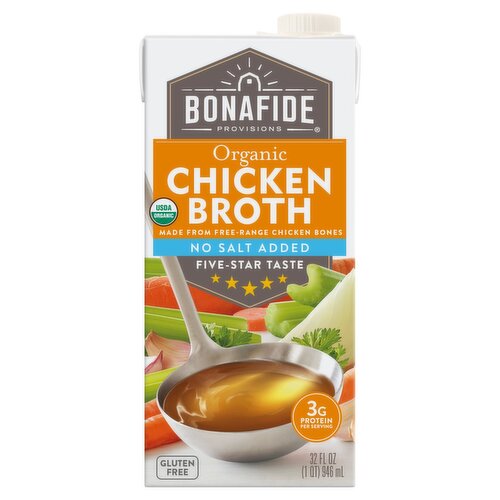 Bonafide Provisions No Salt Added Organic Chicken Broth, 32 fl oz