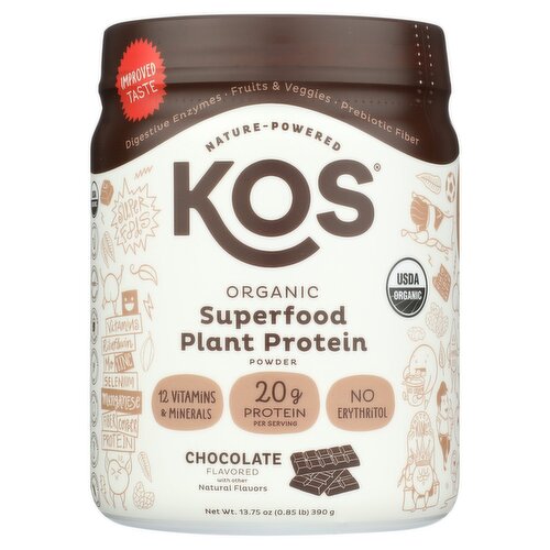 KOS Organic Chocolate Superfood Plant Protein Powder, 13.75 oz