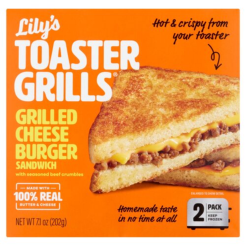 Lily's Toaster Grills Grilled Cheese Burger Sandwich with Seasoned Beef Crumbles, 2 count, 7.1 oz