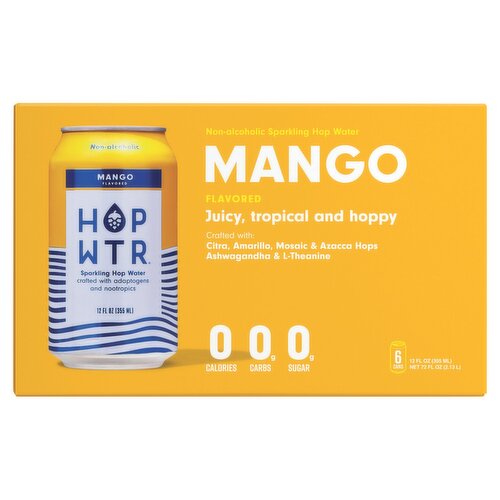 Hop Wtr Mango Flavored Non-Alcoholic Sparkling Hop Water, 12 fl oz, 6 count