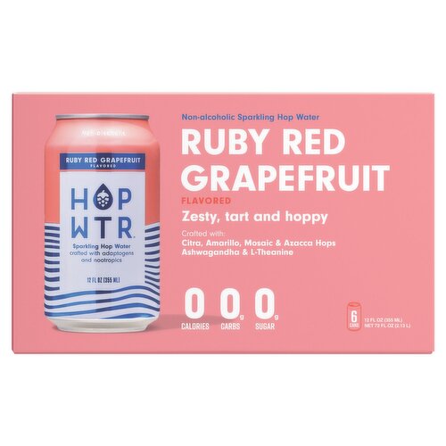 Hop Wtr Ruby Red Grapefruit Flavored Non-Alcoholic Sparkling Hop Water, 12 fl oz, 6 count