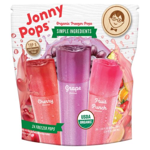 JonnyPops Cherry, Grape and Fruit Punch Flavored Organic Freezer Pops, 1.35 fl oz, 24 count