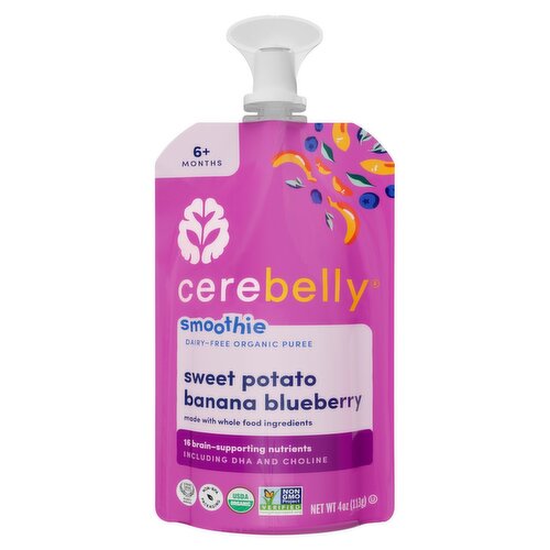 Cerebelly Sweet Potato Banana Blueberry Smoothie Dairy-Free Organic Puree, 6+ Months, 4 oz
