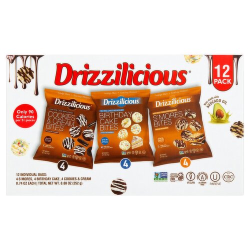 Drizzilicious S'mores, Birthday Cake and Cookies & Cream Rice Cake Bites, 0.74 oz, 12 count
