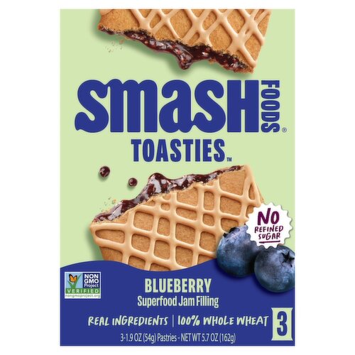 Smash Foods Toasties Blueberry Superfood Jam Filling Pastries, 1.9 oz, 3 count