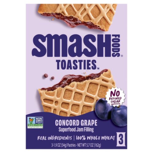 Smash Foods Toasties Concord Grape Superfood Jam Filling Pastries, 1.9 oz, 3 count
