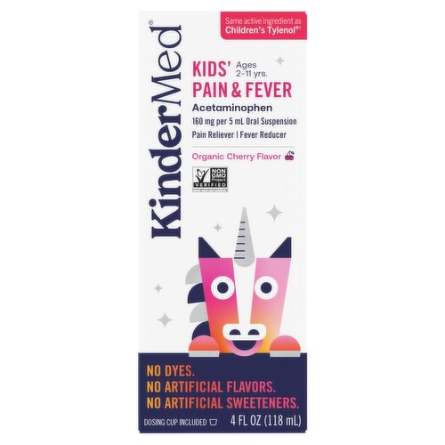 KinderMed Organic Cherry Flavor Kid's Pain & Fever Liquid, Ages 2-11 Yrs, 4 fl oz