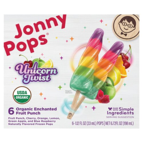 JonnyPops Organic Enchanted Fruit Punch Unicorn Twist Frozen Pops, 1.12 fl oz, 6 count