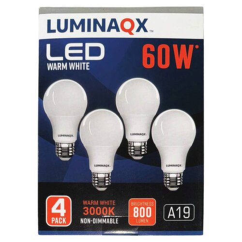 Luminaqx A19 60W Warm White Non-Dimmable LED Light Bulbs, 4 count