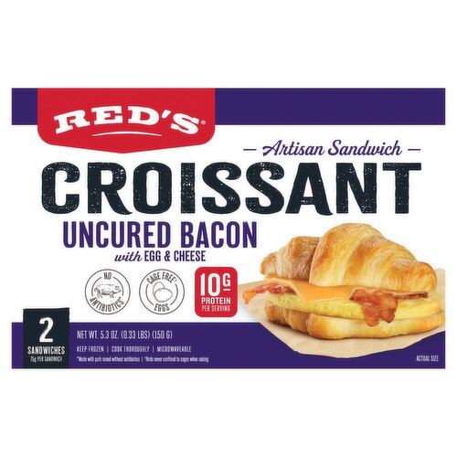 Red's Uncured Bacon with Egg & Cheese Croissant Artisan Sandwich, 2 count, 5.3 oz