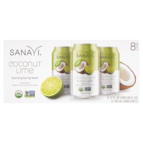 Sanavi Organic Coconut Lime Sparkling Spring Water, 12 fl oz, 8 count