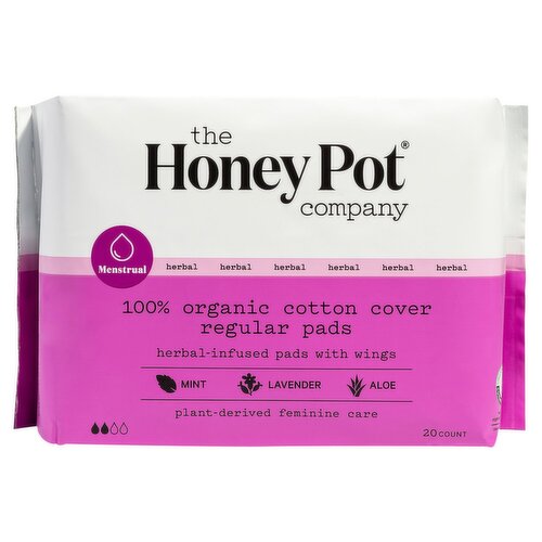The Honey Pot Menstrual Herbal 100% Organic Cotton Cover Regular Pads, 20 count