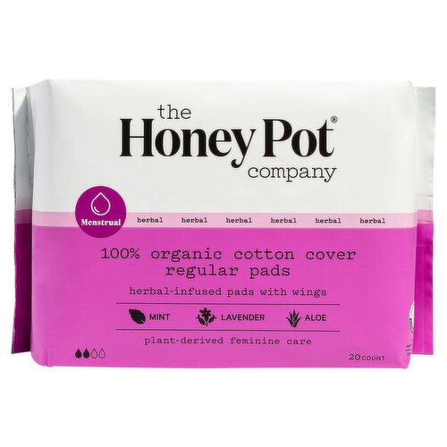 The Honey Pot Menstrual Herbal 100% Organic Cotton Cover Regular Pads, 20 count