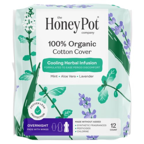 The Honey Pot Cooling Herbal Infusion 100% Organic Cotton Cover Overnight Pads, 12 count
