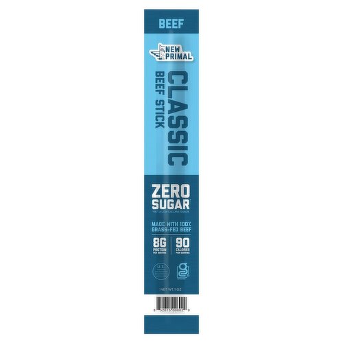 New Primal Classic Beef Stick, 8g Protein, Grass Fed Beef, 1 oz