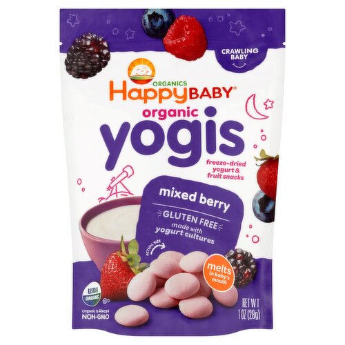 Happy Baby Organics Freeze-Dried Yogis Mixed Berry Yogurt & Fruit Snacks, Crawling Baby, 1 oz