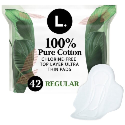 L. Regular 100% Pure Cotton Ultra Thin Pads with Wings, 42 count