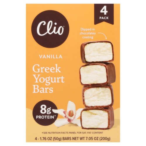 Clio Vanilla Greek Yogurt Bar in Chocolatey Coating, 1.76 oz, 4 count