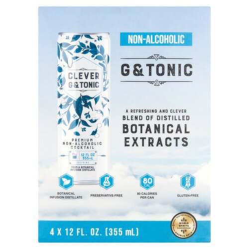 Clever G & Tonic Premium Non-Alcoholic Cocktail, 12 fl oz, 4 count