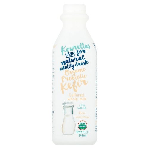 Kourellas Plain Unsweetened Organic Probiotic Kefir Cultured Whole Milk, 32 oz