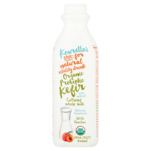 Kourellas Organic Probiotic Kefir Cultured Whole Milk with Peaches, 32 oz