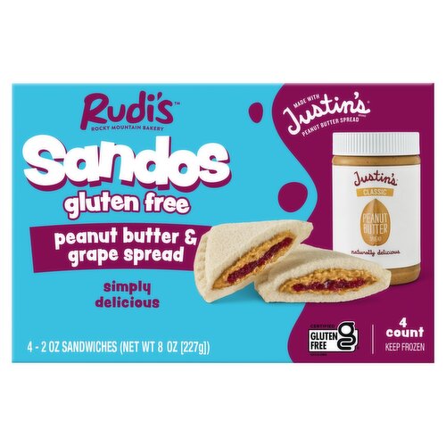 Rudi's Sandos Gluten Free Peanut Butter & Grape Spread Sandwiches, 2 oz, 4 count