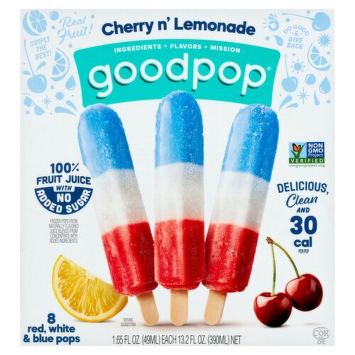 GoodPop No Added Sugar Cherry n' Lemonade Red, White & Blue Pops, 1.65 fl oz, 8 count