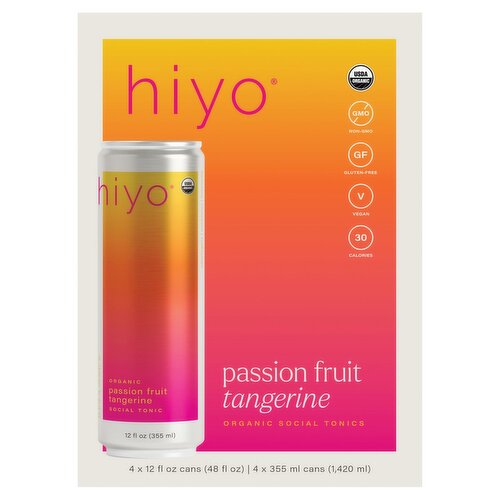 Hiyo Passion Fruit Tangerine Organic Social Tonics, 12 fl oz, 4 count