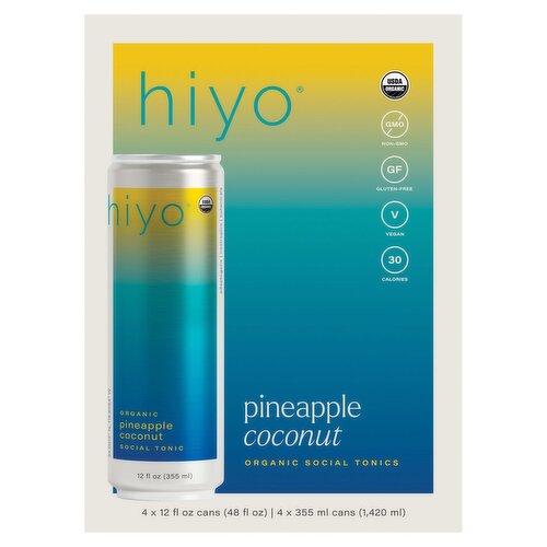 Hiyo Pineapple Coconut Organic Social Tonics, 12 fl oz, 4 count