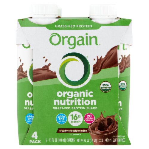 Orgain Creamy Chocolate Fudge Flavored Organic Nutrition Grass-Fed Protein Shake, 11 fl oz, 4 count