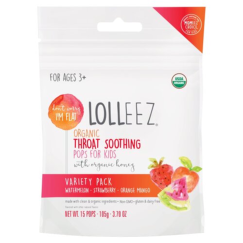 Lolleez Organic Throat Soothing Pops for Kids Variety Pack, For Ages 3+, 15 count, 3.70 oz