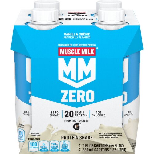 Muscle Milk Zero Protein Shake Vanilla Crème Artificially Flavored 11 Fl Oz 4 Count